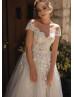 Short Sleeves Beaded Ivory Lace Tulle Slit Floral Wedding Dress